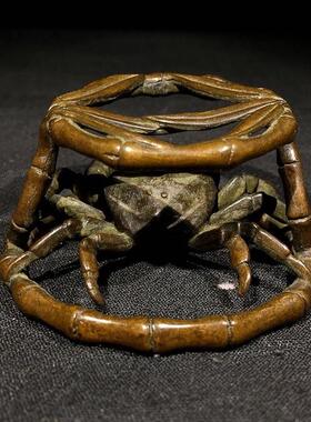 仿古纯铜竹笼螃蟹茶道盖置小摆八方来财铜螃蟹茶道茶宠器具铜雕件