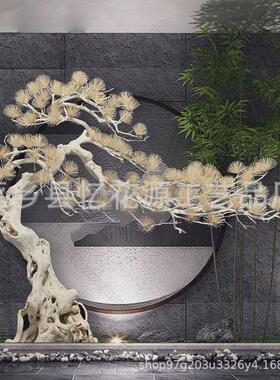 仿真迎客松雕刻松树摆件雪松枯木实木造景酒店新中式景观玄关假树