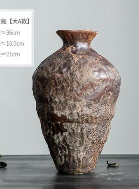 景德镇复古禅意摆件陶瓷花瓶侘寂风怀旧插花民宿酒店手工大粗陶罐