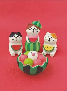 zakka日式杂货 夏日三毛猫水果系列西瓜天国桌面 装饰 摆件