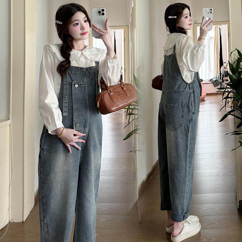 孕妇装春秋套装2024秋季新款网红大码牛仔背带裤长袖衬衣女两件套,淘宝优惠券,粉丝福利购,淘宝优惠卷