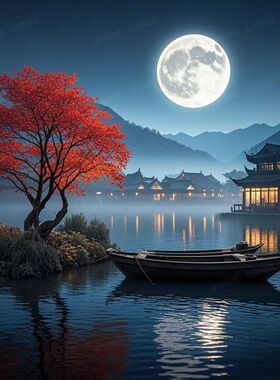 仿真中国风月亮湖上的小