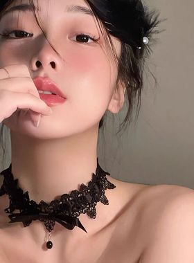 黑色项圈女颈带禁欲系蕾丝万圣节配饰化妆脖子饰品锁骨链choker
