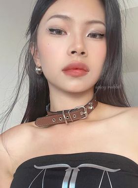 vintage复古棕色星星choker项圈朋克辣妹风锁骨链高级感皮质颈链