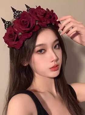 红玫瑰花发箍洛丽塔cos发饰哥特新娘花环Lolita暗黑系头饰万圣节