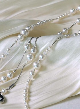 跨境欧美破碎感层次珍珠毛衣链三层不对称项链女法式多层珍珠项链