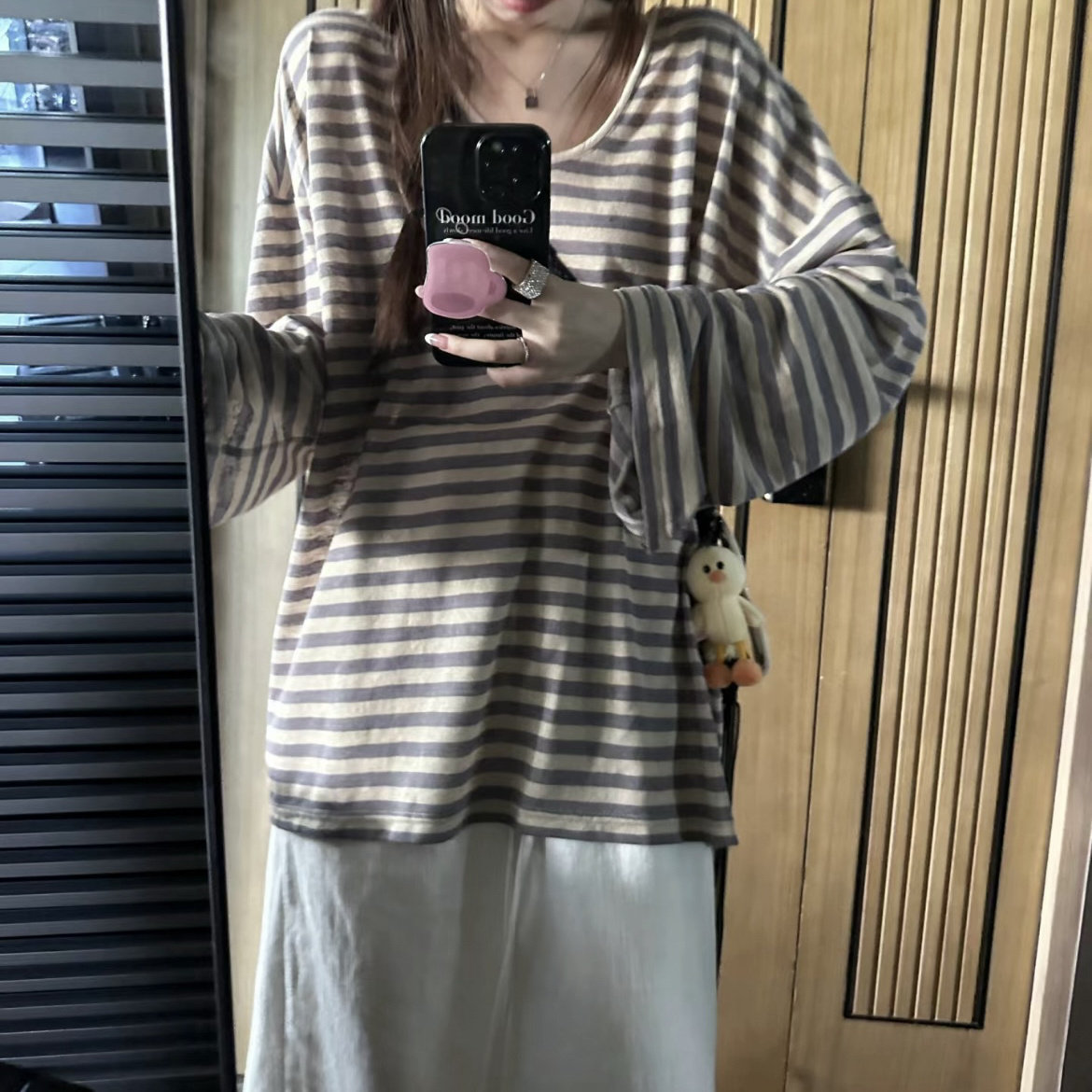 天丝麻~慵懒风条纹大领口喇叭袖薄款防晒t恤女宽松空调罩衫上衣