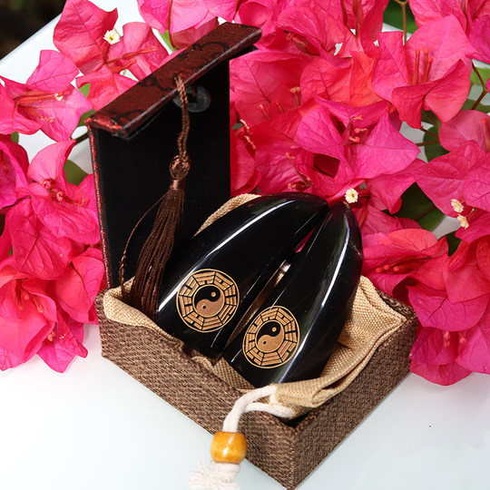 Pure natural black horn cinnabar hand-made traditional Holy Grail Gua Jiao Cup Houtian Bagua Qianmu Workshop