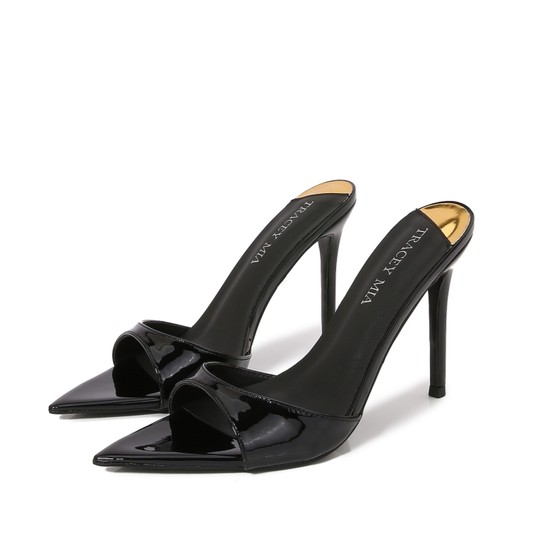 French black sexy high heels wearing sandals and fish mouth