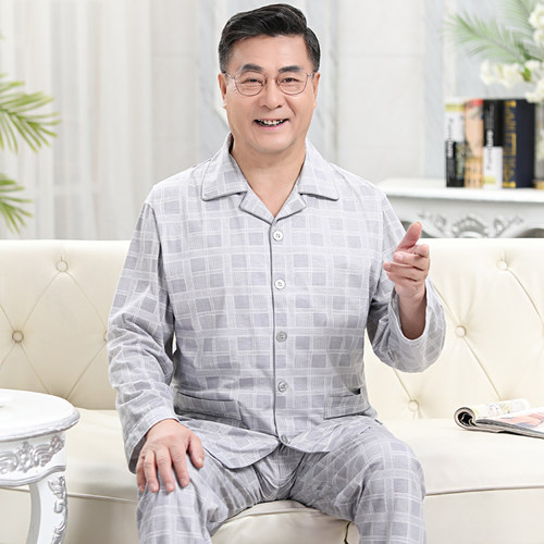 春秋老人爸爸睡衣长袖纯棉男士全棉薄款大码中老年夏季家居服套装 - 图0