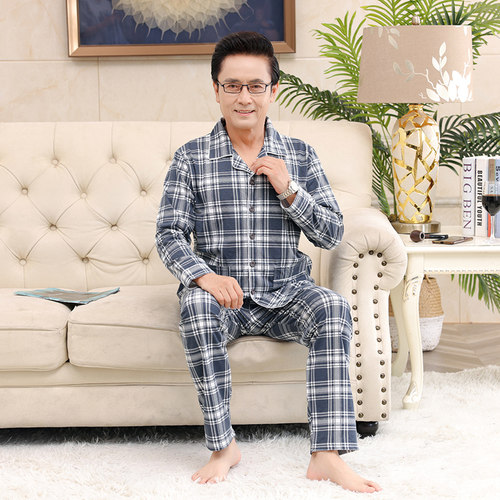 春秋老人爸爸睡衣长袖纯棉男士全棉薄款大码中老年夏季家居服套装 - 图2