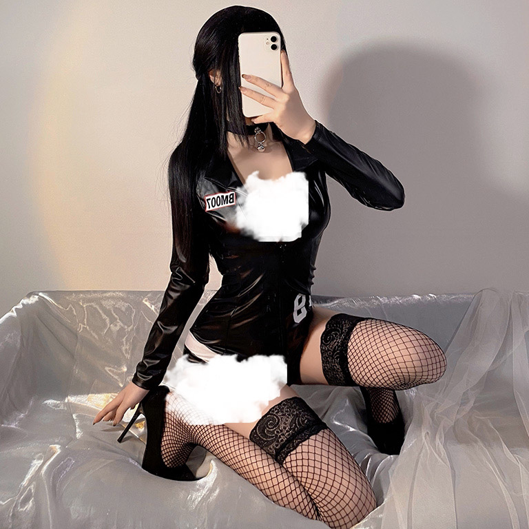 霏慕深V拉链开裆连体衣女性感开裆漆皮jk制服机车女郎cosplay舞服