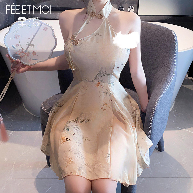 霏慕新中式A字印花旗袍睡裙女夏季2025新款性感睡衣裙子古风纯欲,淘宝优惠券,粉丝福利购,淘宝优惠卷