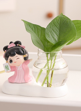 可爱仕女水培小摆件新中式客厅书房办公室桌面绿萝植物治愈系装饰
