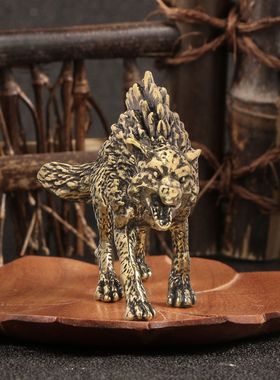 霸气荒野狼黄铜摆件仿古玩古董桌面铜摆设狼图腾动物古铜手把件