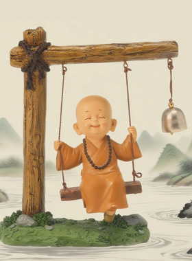 禅意沙弥小和尚汽车摆件治愈系办公室可爱摆件中式家居客厅装饰品