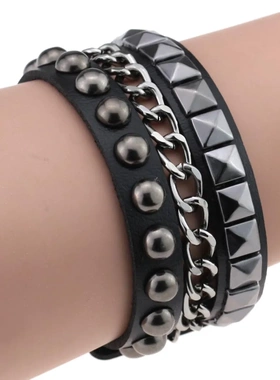 欧美时尚手环速卖通热卖方圆铆钉手链非主流铁链多层手镯