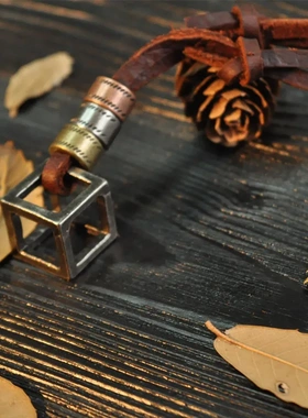 速卖通欧美复古项链男 非主流个性男士款镂空方框牛皮绳皮项链