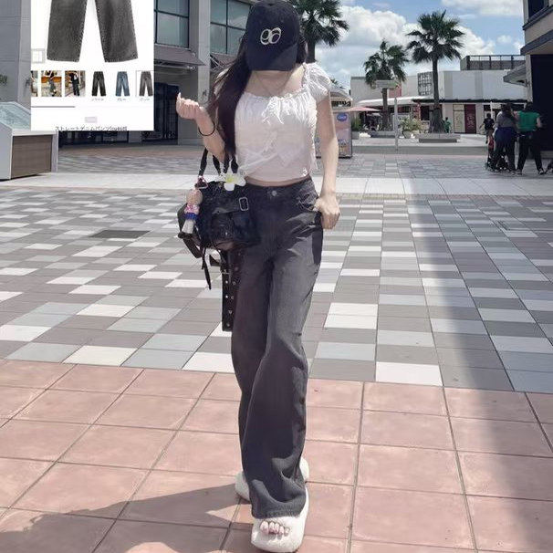 CU468日单GRL春秋季高腰显瘦水洗直筒牛仔裤女时尚百长裤休闲裤女,淘宝优惠券,粉丝福利购,淘宝优惠卷