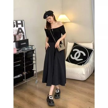 Little Black Dress Black One Shoulder Dress Women 2023 Summer Waist A-Line Long Dress