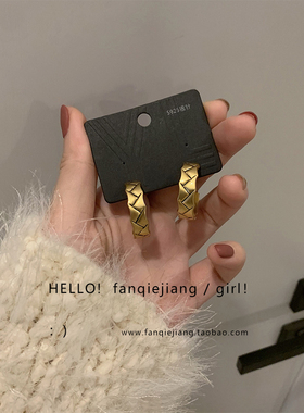 vintage做旧菱格c型耳钉耳环