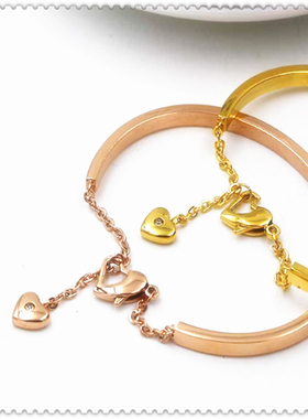 新年18K黄金色简约光面手镯锆钻爱心淑女闺蜜礼物不褪色情侣手链