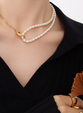 欧美ins博主网红高级感设计贝珠珍珠拼接锁骨项链女新年冬季新款