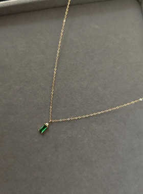 新中式S925纯银镀k金色祖母绿锆石项链公主吊坠锁骨链长方形镶嵌