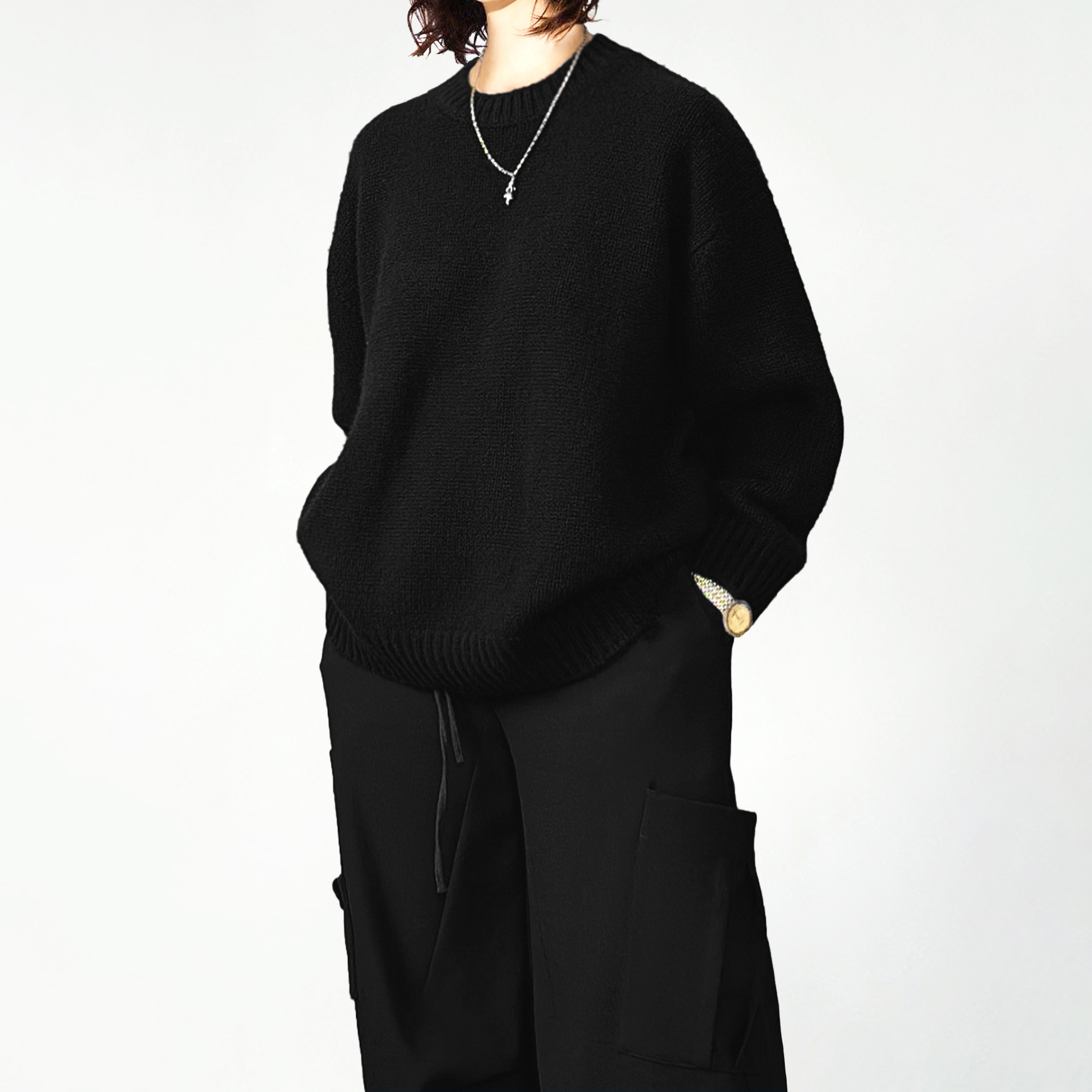 陈小满原创设计黑色精纺全羊绒宽松圆领针织衫女2025秋季内搭毛衣 - 图0