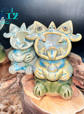 华宁非遗陶瓷瓦猫招财元宝摆件