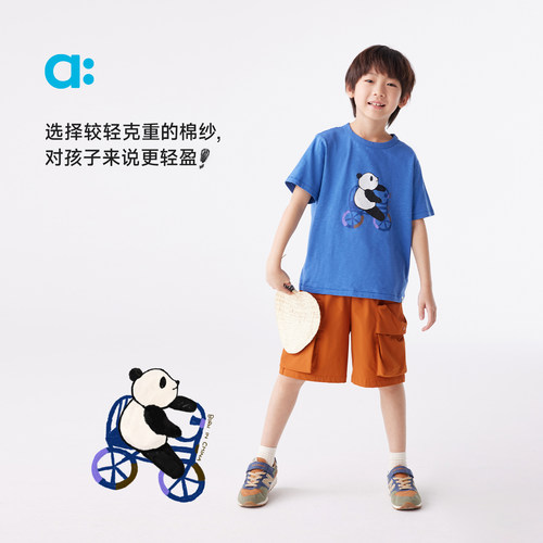 allblu幼岚【竹节棉】儿童T恤春新款男童女童短袖熊猫滚滚印花T - 图0