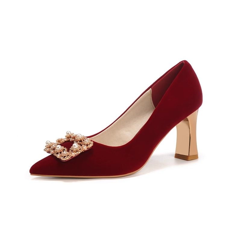 珍珠方扣红色秀禾婚鞋女粗跟不累脚中式敬酒高跟新娘鞋订婚配旗袍,淘宝优惠券,粉丝福利购,淘宝优惠卷