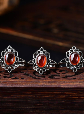 天然橙红石榴石戒指复古酒红石榴石戒指女人石指环戒圈活开口可调