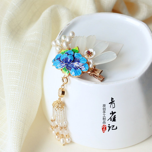 青雀记手工发簪头饰发饰汉服配饰中式婚礼景泰蓝发夹发梳孔雀开屏 - 图2