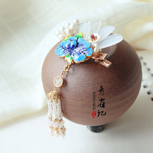 青雀记手工发簪头饰发饰汉服配饰中式婚礼景泰蓝发夹发梳孔雀开屏 - 图1