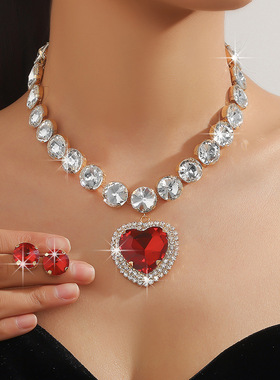 欧美夸张大爱心水钻水晶吊坠项链