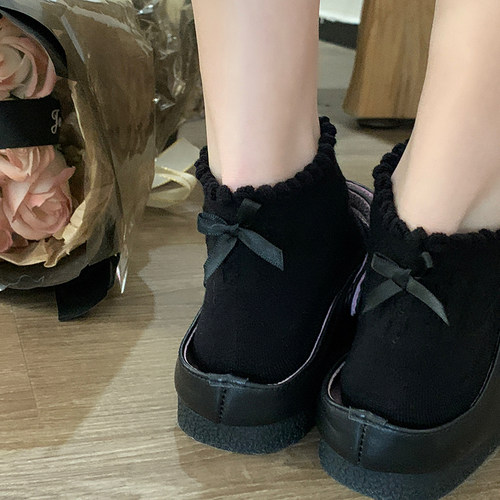黑色袜子夏季少女甜美后蝴蝶结袜子薄款ins立体浮雕蝴蝶结短袜女 - 图1