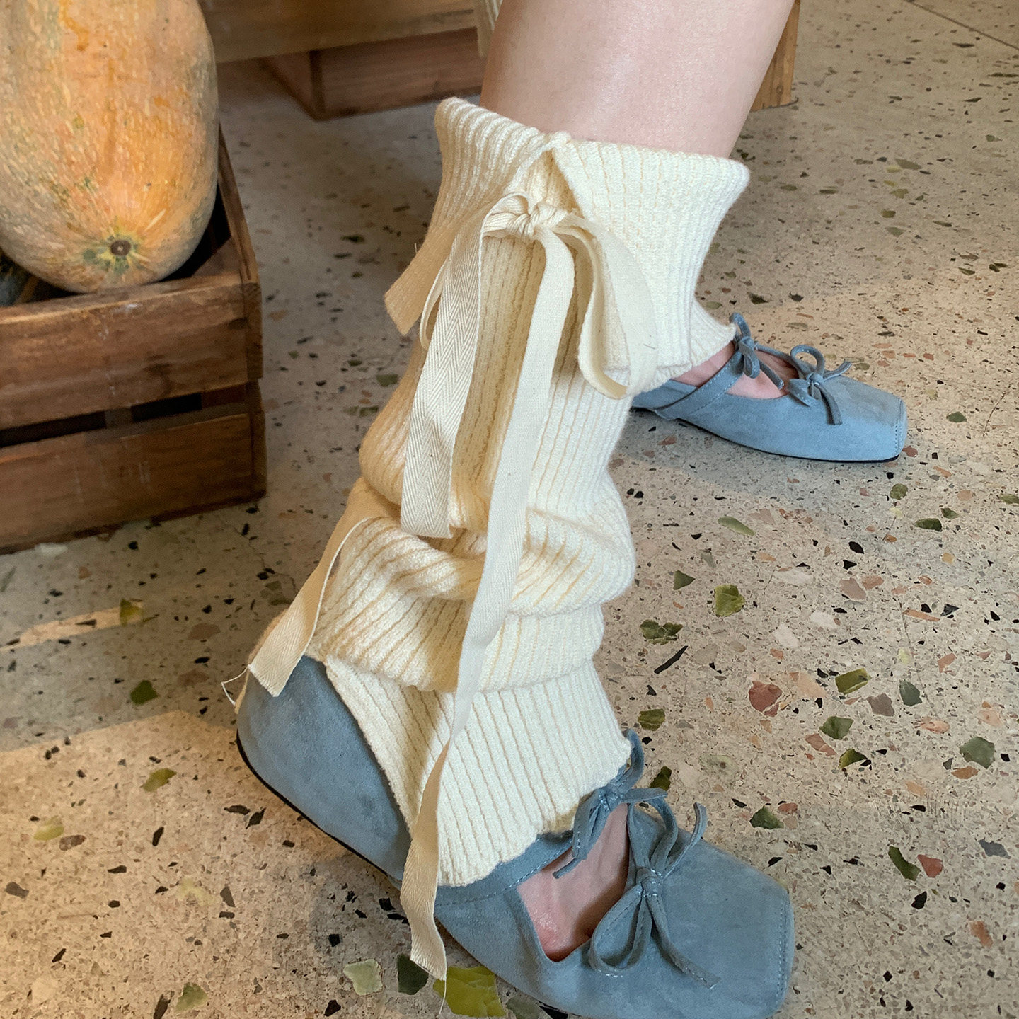 芭蕾风甜美少女小众绑带蝴蝶结堆堆纯色针织袜套韩系百搭开叉腿套,淘宝优惠券,粉丝福利购,淘宝优惠卷