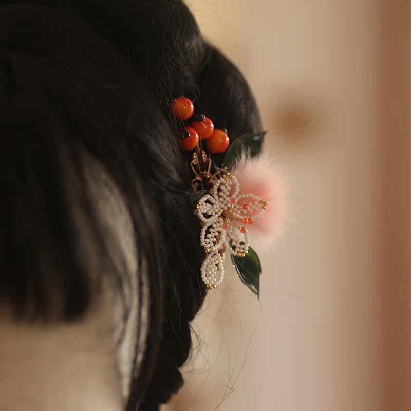 可爱浆果兔毛辑珠发夹软杆珠花簪花红楼遗韵儿童诚然汉服配饰