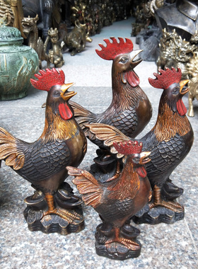 仿古公鸡母鸡一对黄铜招财摆件