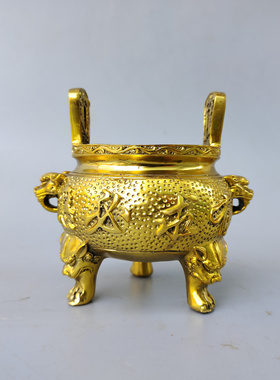 铜香炉摆件三足龙头双耳佛堂中式