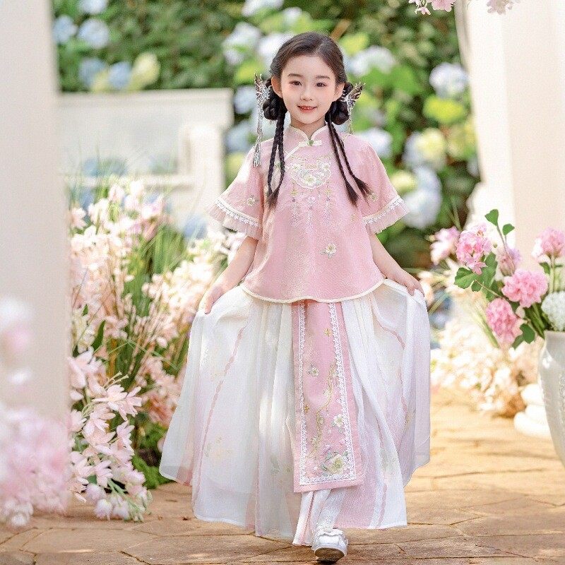 汉服女童夏季新款儿童新中式国风短袖套装小女孩古风超仙,淘宝优惠券,粉丝福利购,淘宝优惠卷