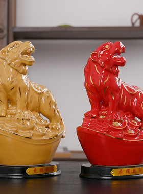 红色陶瓷上山虎生肖补角摆件