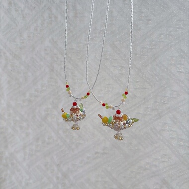 布丁船 串珠甜品布丁小蛋糕项链 进口米珠长款项链 长度54加5