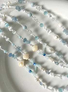 蓝色系原创串珠项链 猫眼石淡水珍珠 捷克珠项链配饰一条