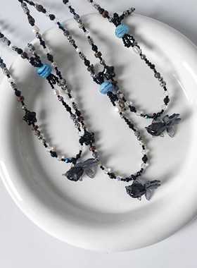 黑色系串珠金鱼项链朋克风个性金属蝴蝶结捷克珠串珠项链
