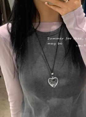 透明水晶大爱心吊坠项链女韩国小众设计感抽拉式皮革颈链锁骨链女