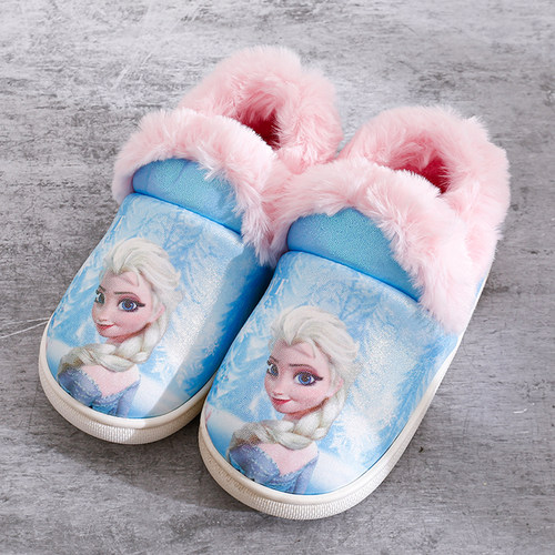 迪士尼儿童女冬季棉拖鞋卡通公主室内居家保暖包跟中大童女孩拖鞋 - 图1