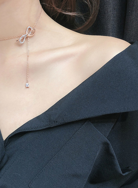 怡糯玫瑰金蝴蝶结项链女锁骨链