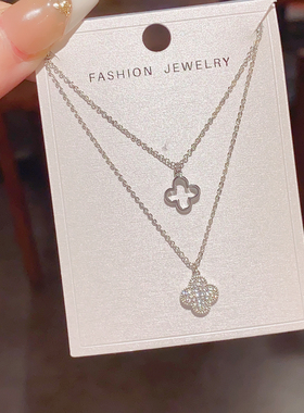 时尚镂空锆石双层四叶花朵项链女